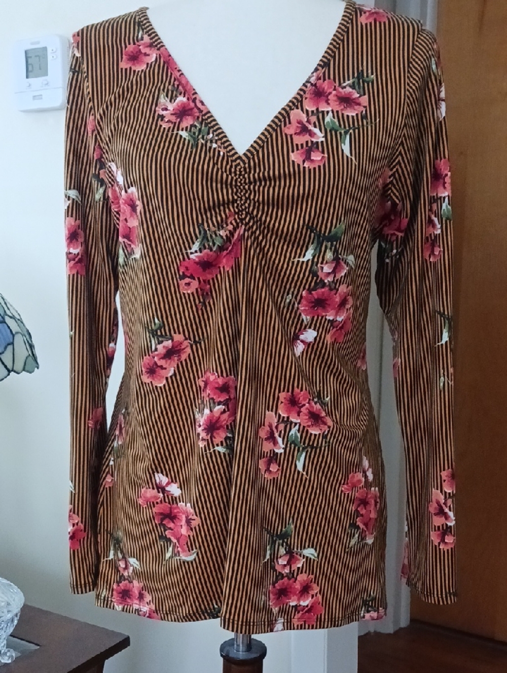 P!phany Top Long Sleeve V Neck Striped Floral Pullover Orange Black Green Tan M